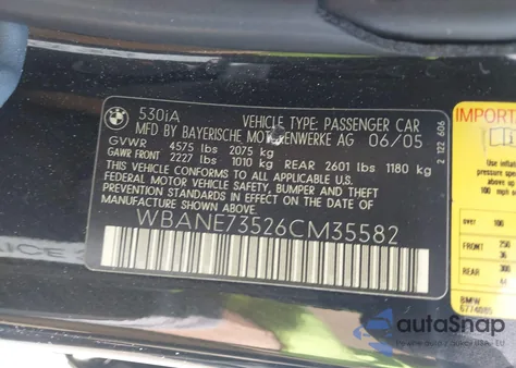 2006 BMW 530I z USA, uszkodzony, nr VIN WBANE73526CM35582